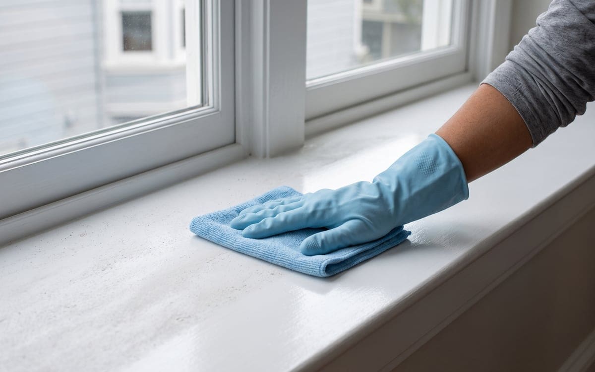 A gloved hand wipes a thin film of drywall dust off a white window sill with a folded blue microfiber cloth during post construction cleaning, and the paint behind the cloth comes up clean.