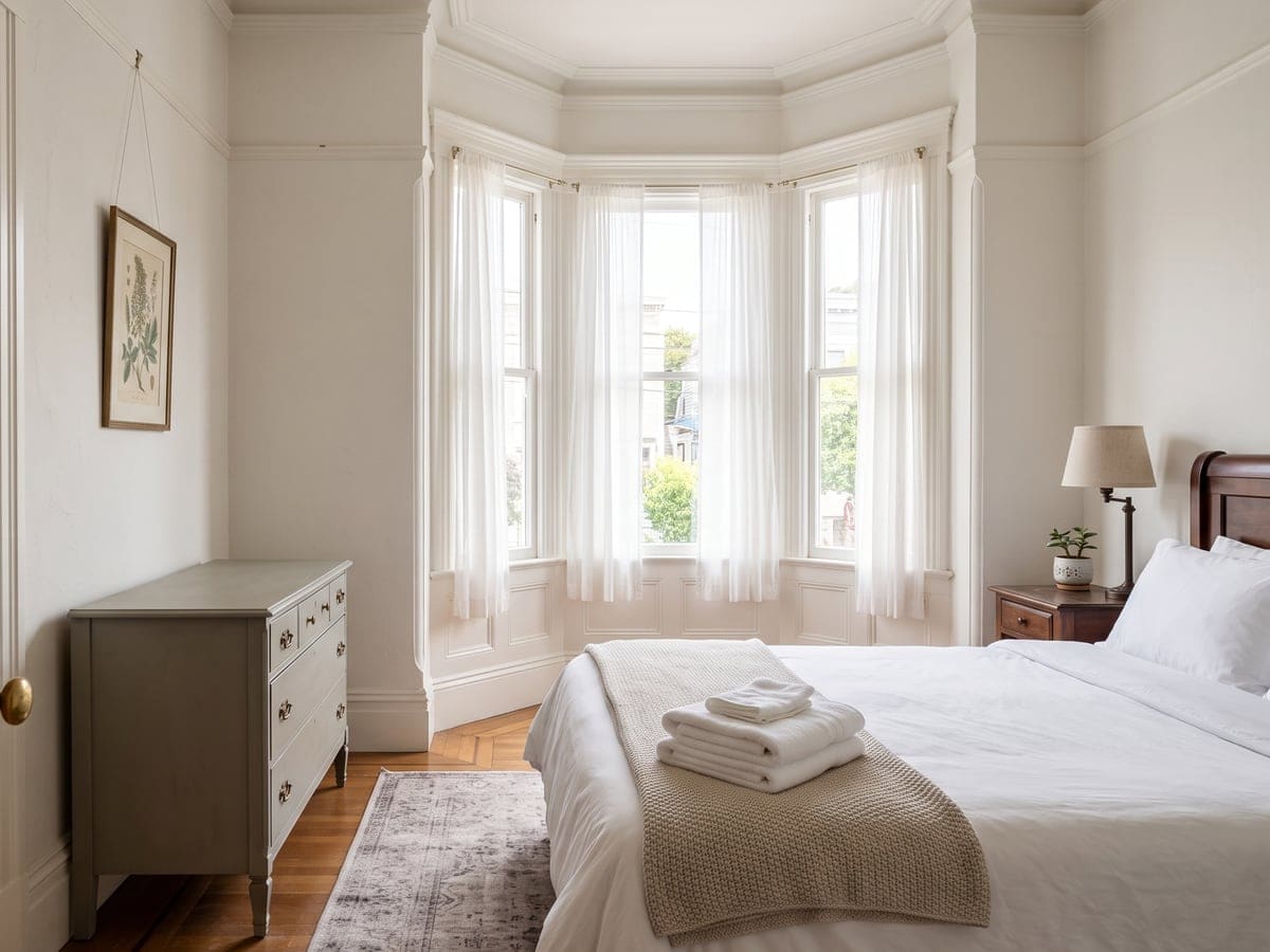 A San Francisco bedroom with a bay window, reset by an Airbnb cleaning service. The bed is made in white linens, with a knit throw and a stack of folded towels at its foot.