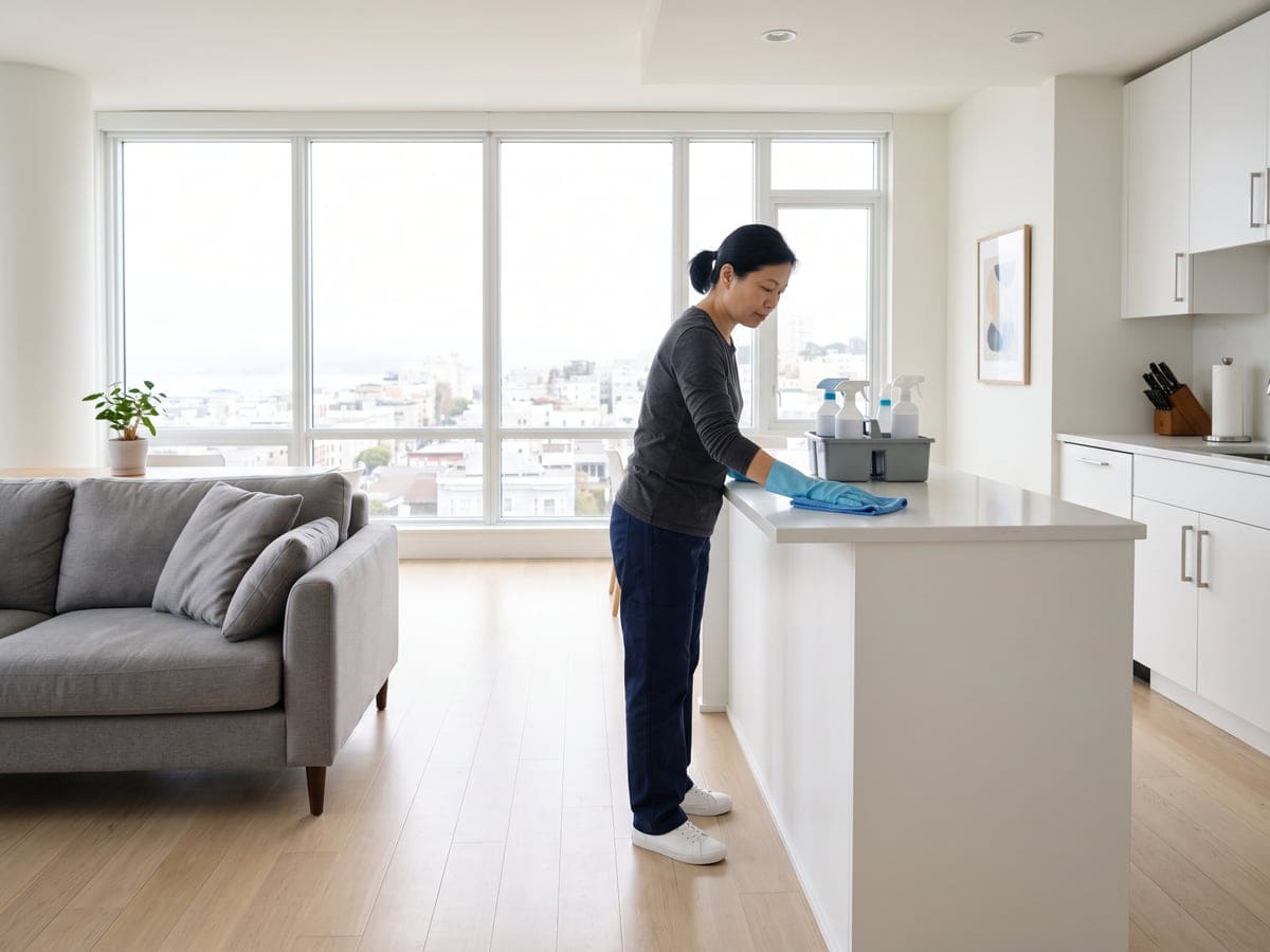 Apartment cleaning service in a San Francisco condo. A cleaner in blue gloves wipes the white kitchen island beside her caddy, and the city sits gray and soft past the tall windows.