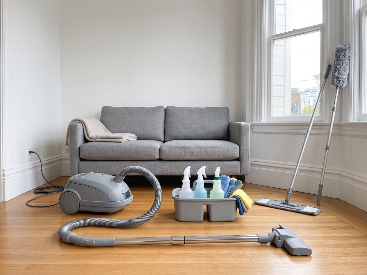 Cleaning services gear laid out in a San Francisco living room: a canister vacuum with its wand stretched across the oak floor, a caddy of spray bottles and cloths, and a mop and duster leaning by the window.