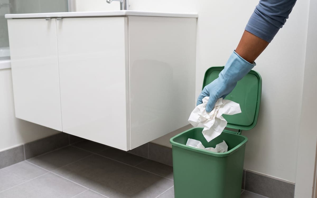 A gloved hand drops crumpled paper towels into a small green compost bin, its lid flipped up beside a wall-hung bathroom vanity.
