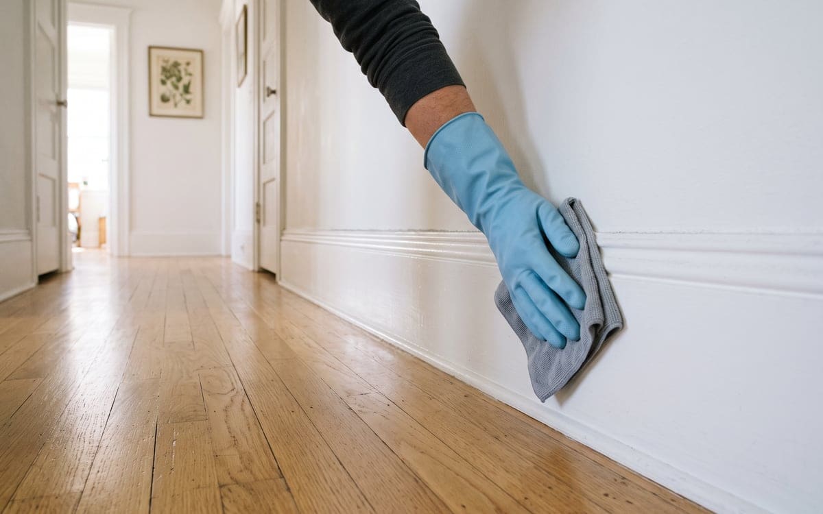 On a deep cleaning service visit, a gloved hand wipes a tall white baseboard with a gray cloth, seen low along an oak hallway floor.
