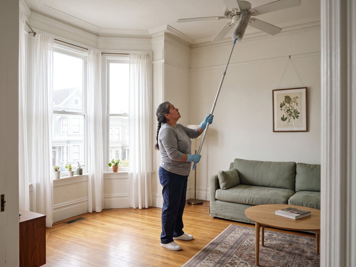 Deep cleaning service in a bay-windowed San Francisco front room, where a cleaner stands on the floor and reaches an extendable duster up to the blades of a white ceiling fan.