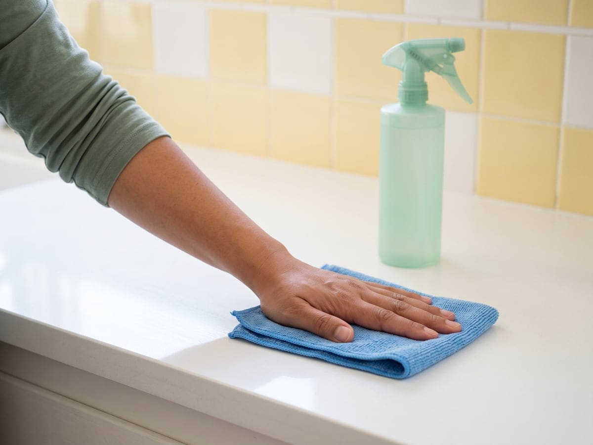 Green cleaning in a San Francisco kitchen: a bare hand wipes the white counter with a folded blue microfiber cloth beside a pale green spray bottle, against yellow and white wall tile.