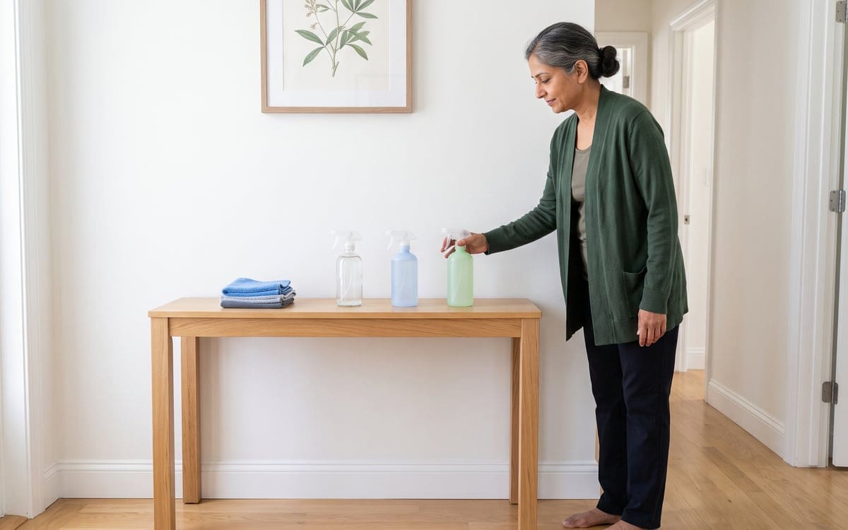 For green cleaning with her own supplies, a resident sets plain spray bottles in clear, blue and green and a stack of folded cloths on a hall table under a botanical print.