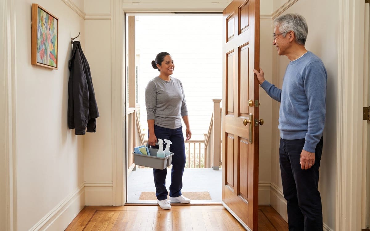 Hiring a house cleaner in San Francisco: a resident in glasses holds his front door open and smiles at a cleaner with a caddy of spray bottles and cloths, standing on the porch outside.