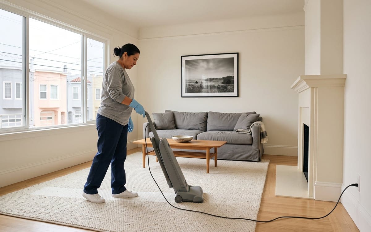 A house cleaner in blue gloves runs an upright vacuum over a cream rug, its cord stretched across the floor to an outlet beside the fireplace, with a gray sofa and a black-and-white landscape photo on the far wall.