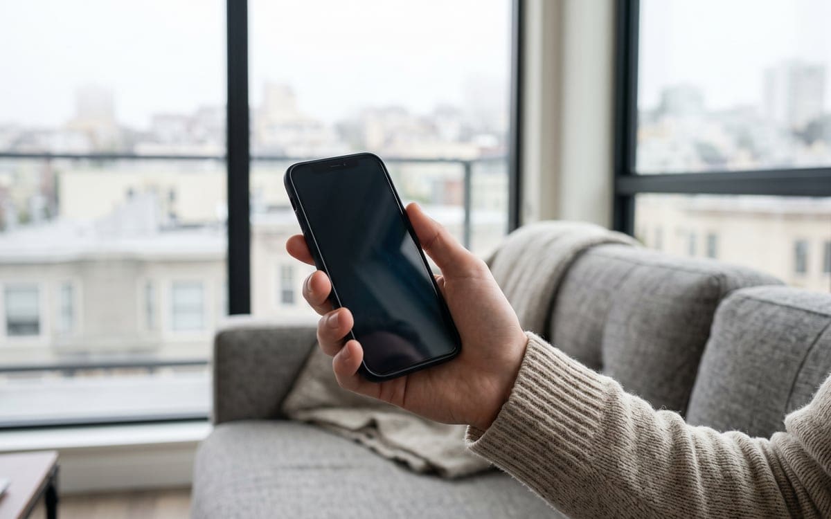 A hand in a cream knit sleeve holds up a phone in front of a gray sofa with a throw on it and a foggy city view through tall windows.