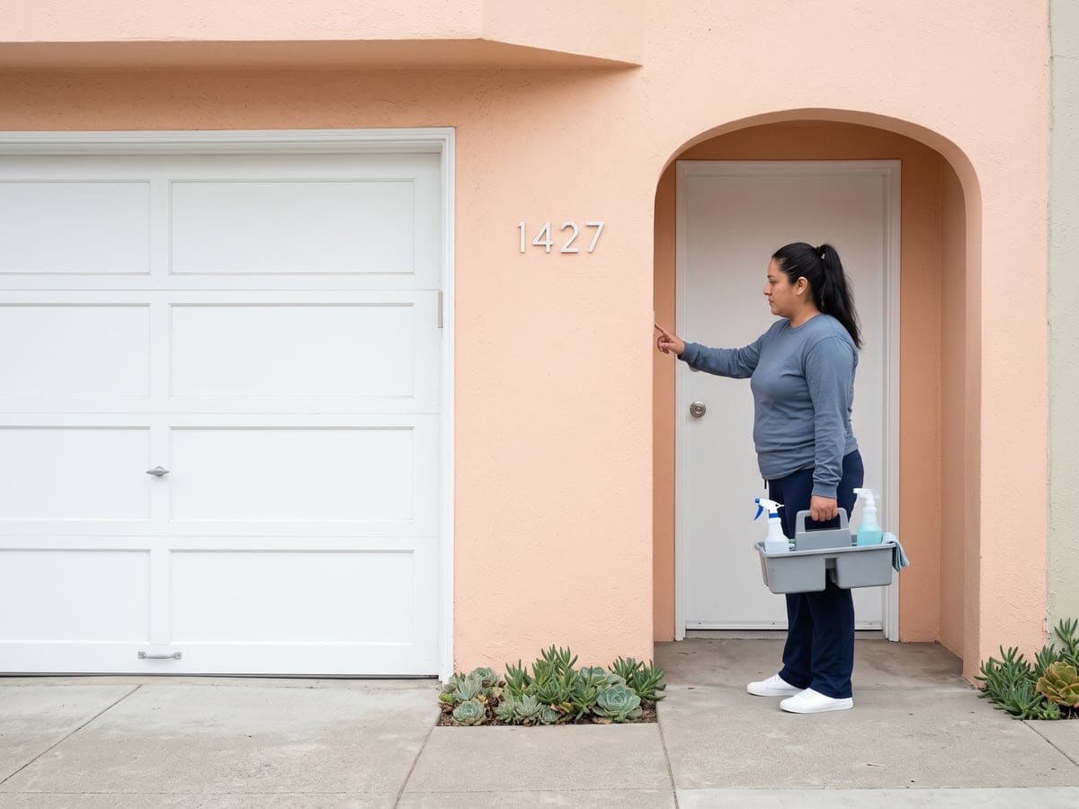 A cleaner from a San Francisco house cleaning company rings the bell at an arched entry next to a white garage door, holding a caddy of supplies. Succulents grow along the peach stucco wall.