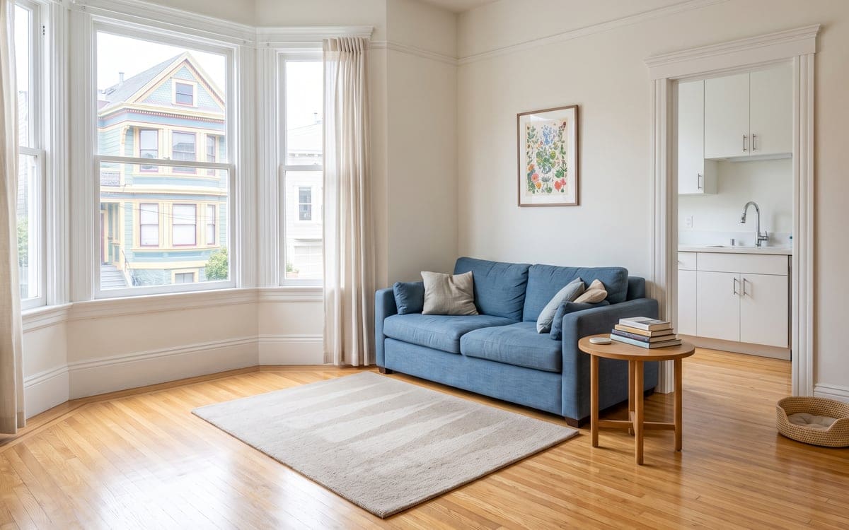 A San Francisco apartment living room after a house cleaning, with a blue sofa and a cream rug on the oak floor and a bay window looking out at a painted Victorian.