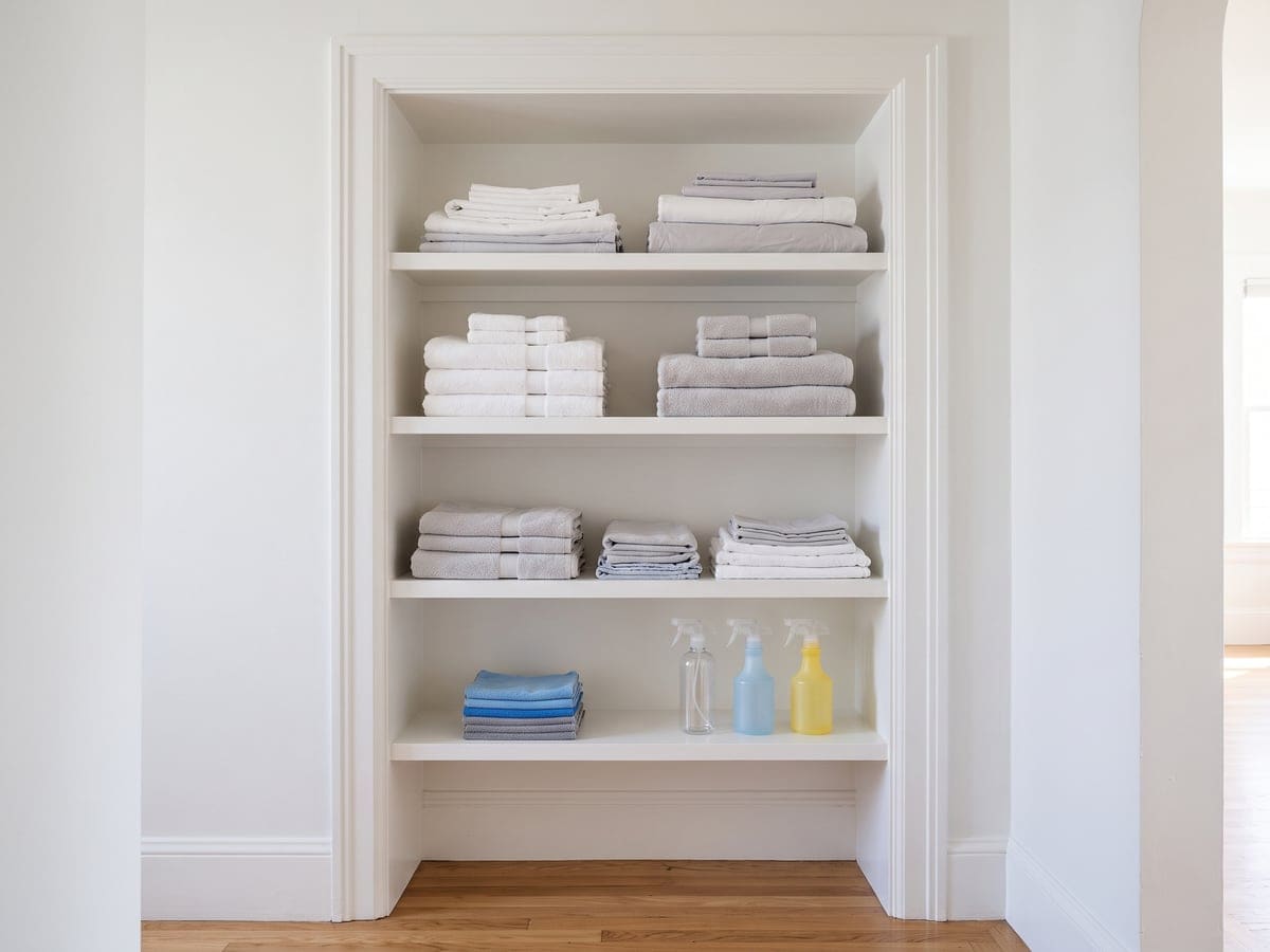 Open linen shelves built into a San Francisco hallway wall, white and gray towels and sheets folded on the upper shelves and three spray bottles beside a stack of cleaning cloths at the bottom.