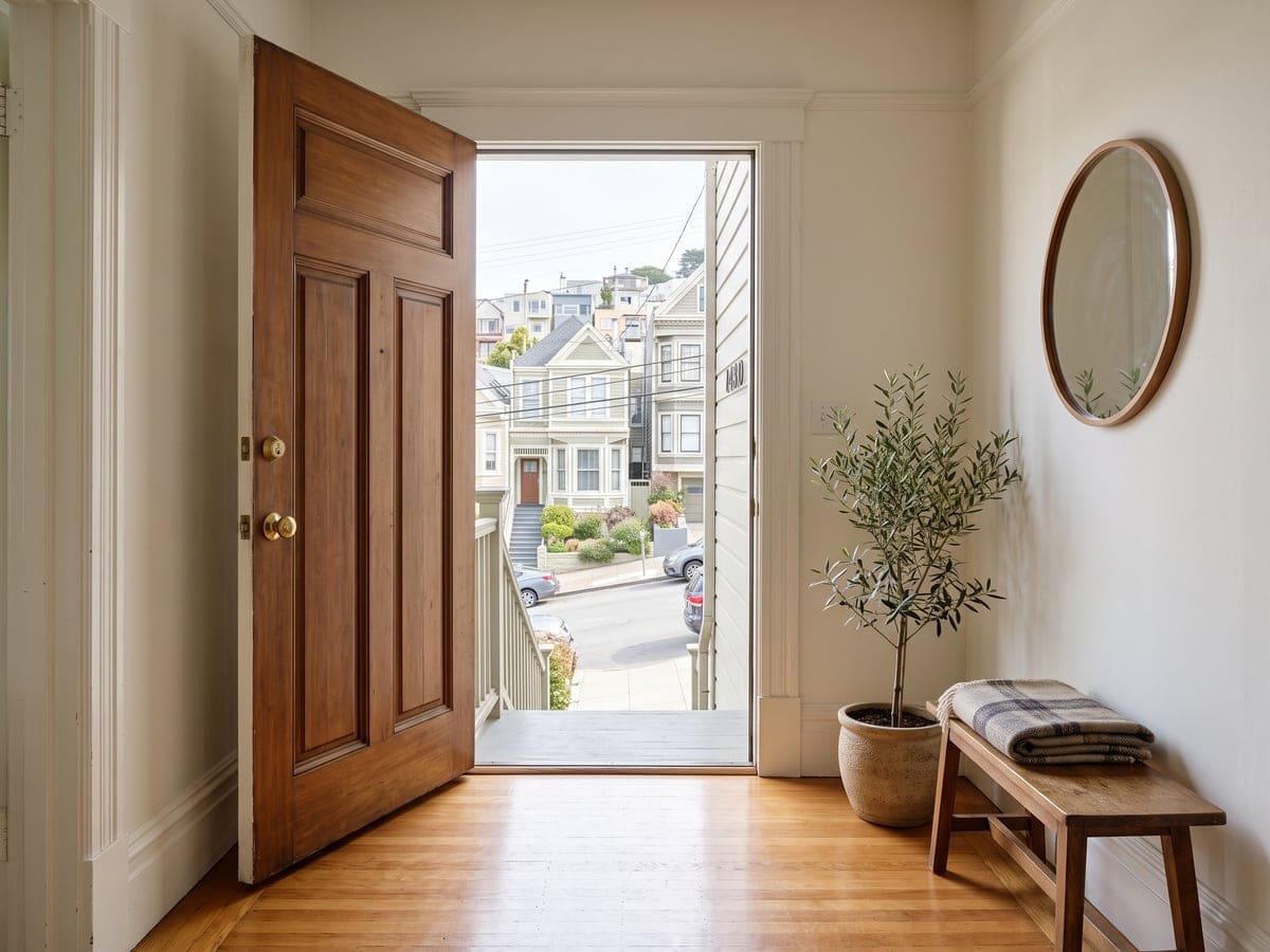 The wood front door of a San Francisco home stands open from a clean entry hall onto the front stairs and a steep street of Victorian houses, with an olive tree and a bench with a folded throw inside.