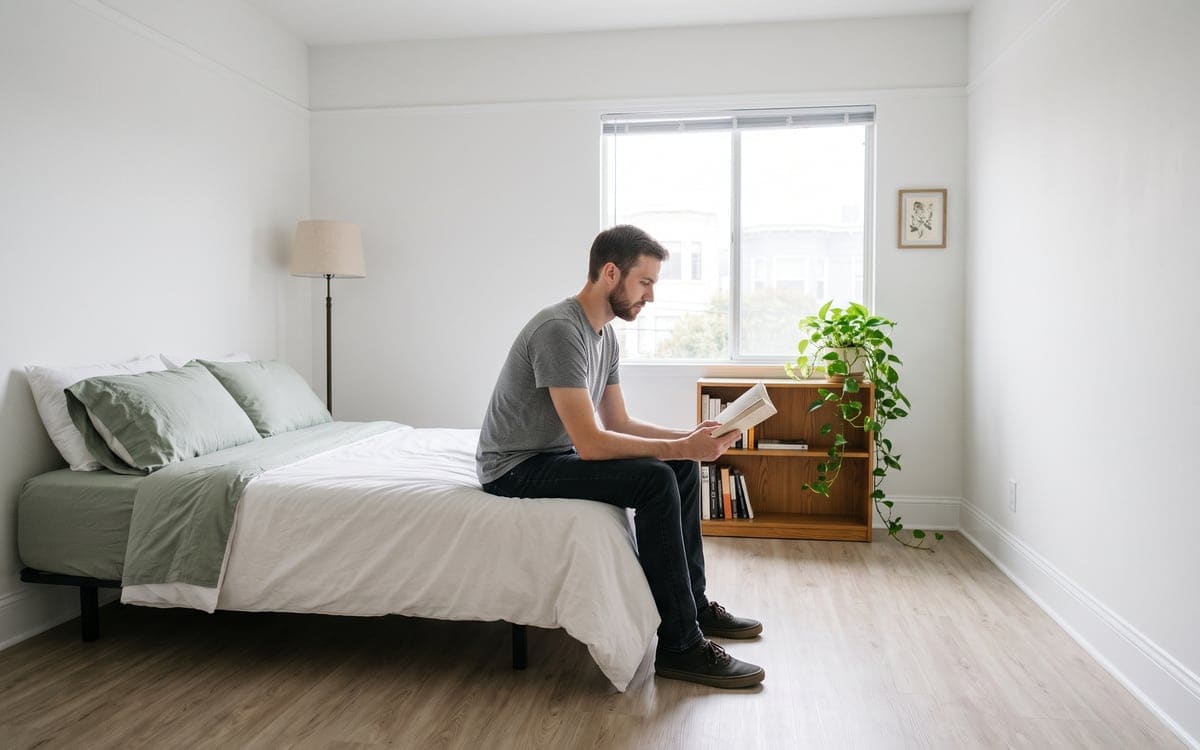 A resident reads on the edge of his made bed in a bright studio apartment after a house cleaning, with a pothos trailing off the bookcase by the window.
