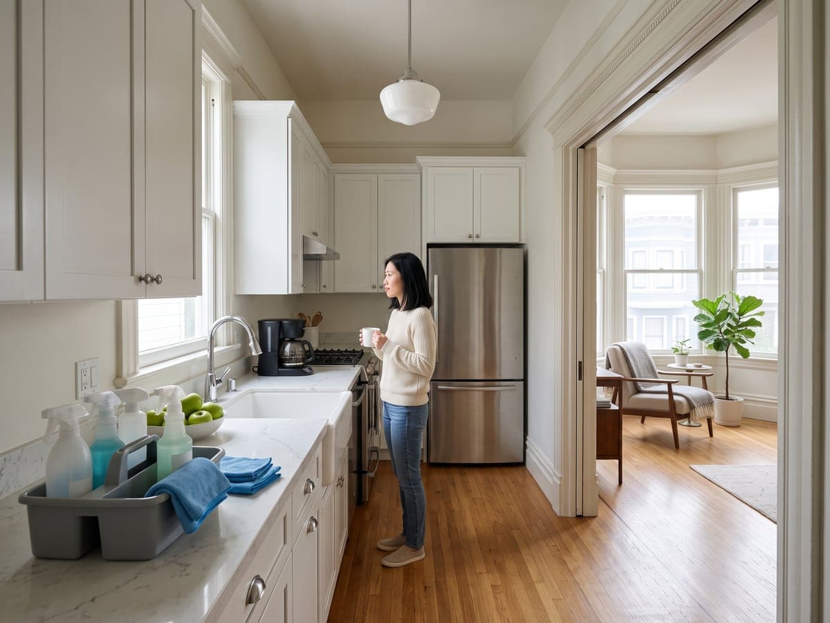 House cleaning in a San Francisco apartment kitchen: a resident holds a mug of coffee beside the coffee maker while a gray caddy of spray bottles and blue cloths waits at the near end of the counter.