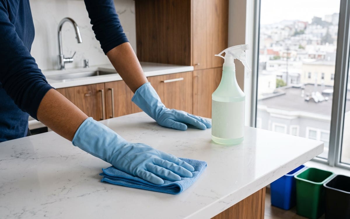 Gloved hands wipe a white quartz island with a folded blue cloth during a house cleaning, next to a pale green spray bottle and a row of blue, green and black bins by the window.