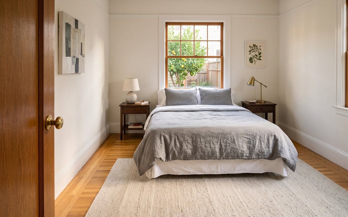 A bedroom after maid service, the bed made up in gray linen between two dark wood nightstands. A citrus tree in fruit fills the window.
