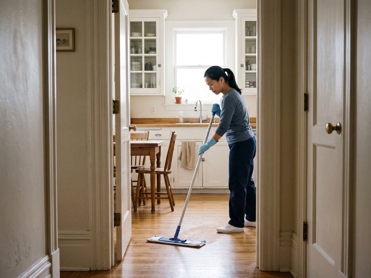 Seen through a doorway, a maid service cleaner in blue gloves mops the oak kitchen floor of a San Francisco home with a microfiber mop, glass-front cabinets above the sink behind her.