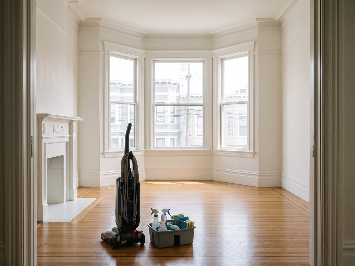 Move out cleaning in an empty San Francisco home: an upright vacuum and a caddy of supplies stand on the bare oak floor of a front room with a bay window and a white fireplace.