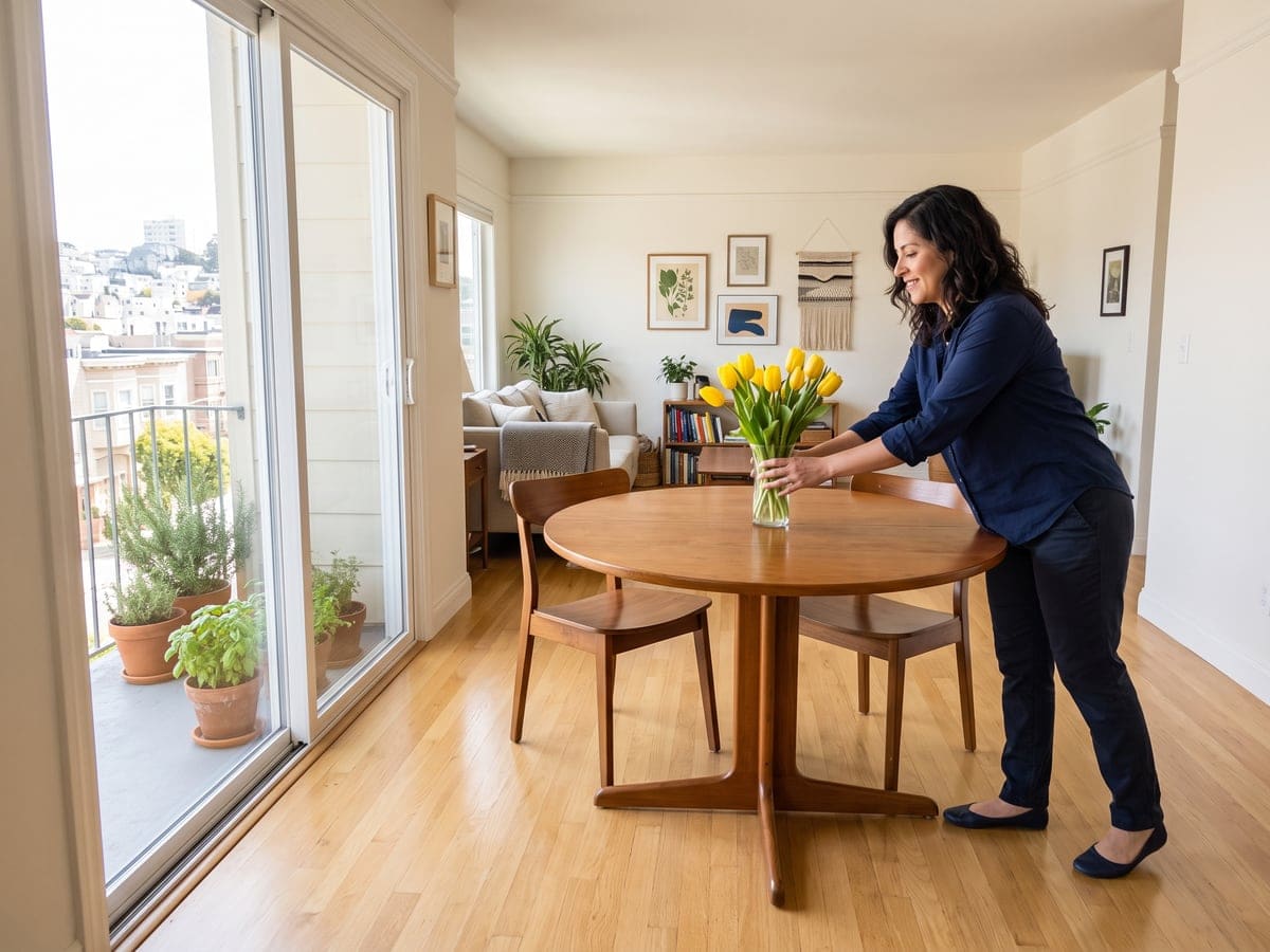 A resident sets a vase of yellow tulips on her round dining table after a one time cleaning service in her San Francisco apartment, beside a sliding glass door to a balcony of potted herbs.