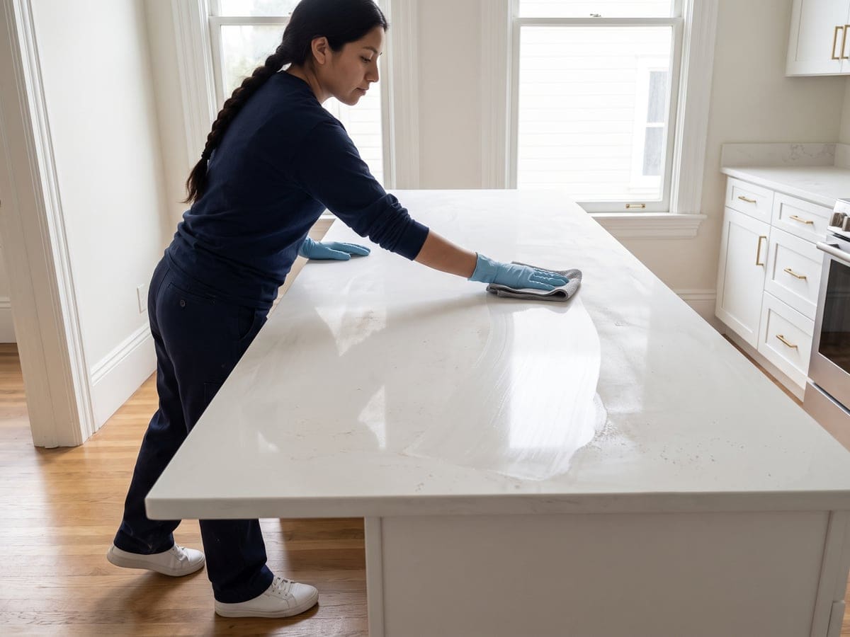 Post construction cleaning in a remodeled San Francisco kitchen, where a cleaner in blue gloves wipes a glossy arc through the fine dust on a new white island.