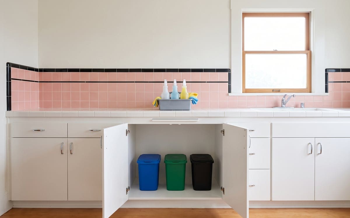 Recycling and compost bins in blue, green and black under an open cabinet in a San Francisco kitchen with pink tile and black trim, a caddy of cleaning supplies on the counter above.