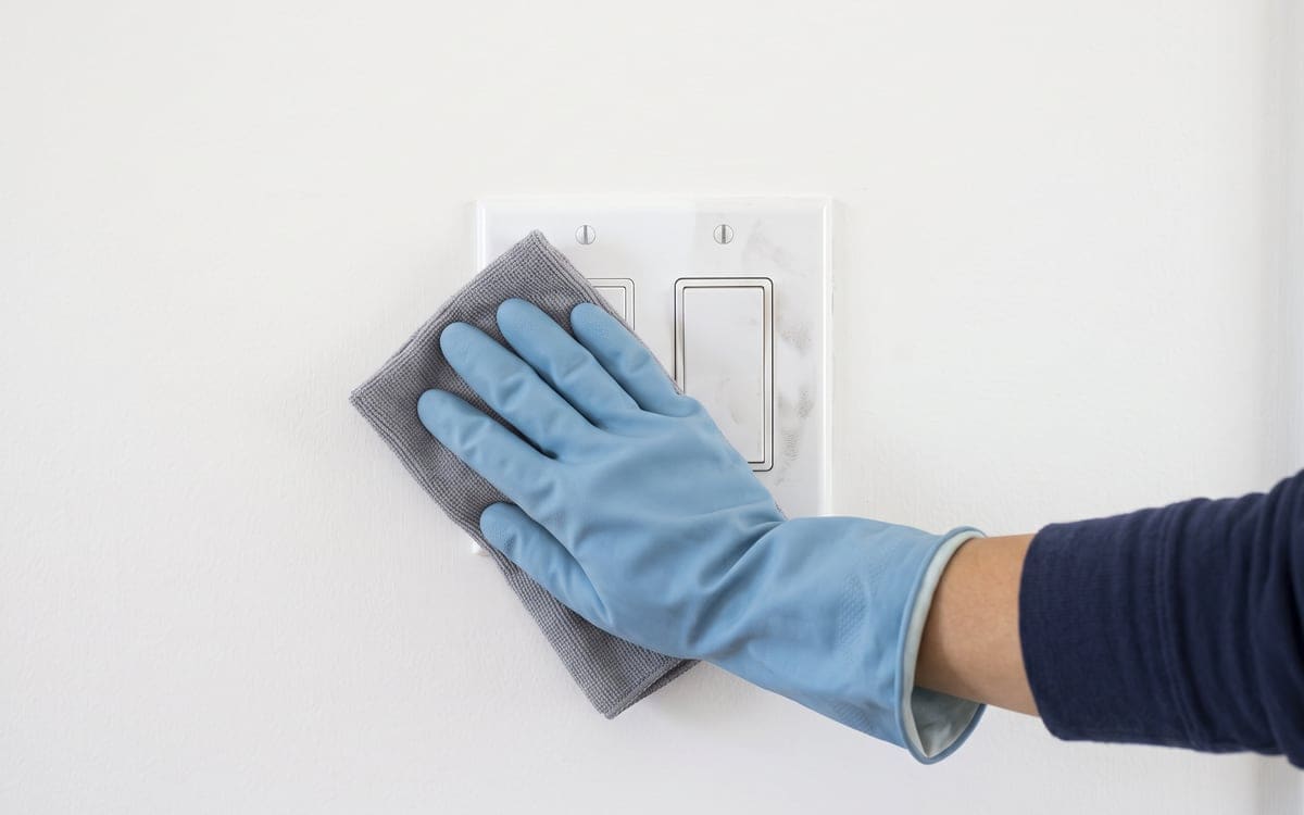 Smudges come off a double light switch plate on a white wall under a gloved hand and a folded gray cloth.