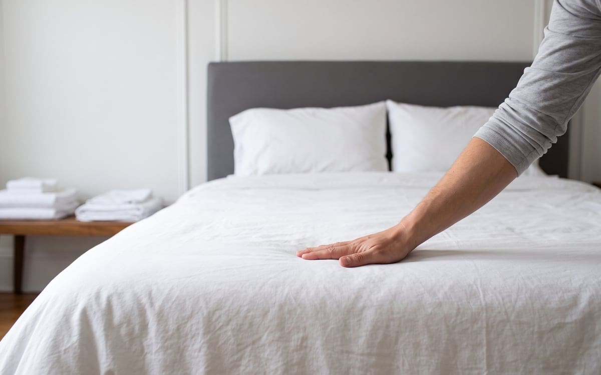 During an Airbnb cleaning service, a bare hand smooths a white duvet on a bed with a gray headboard while folded towels and sheets wait on a wood bench.