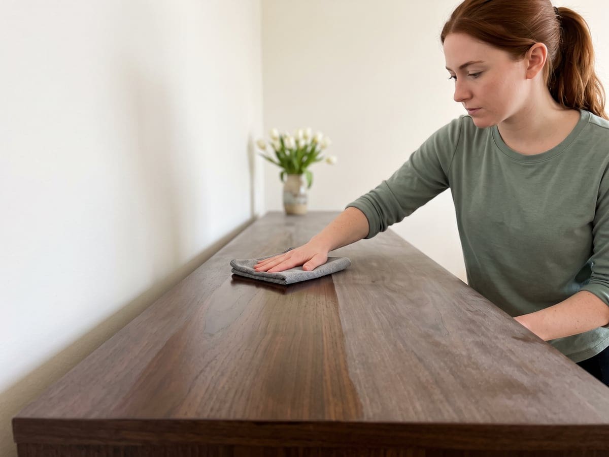 Weekly cleaning service in a San Francisco dining room, where a cleaner wipes the dust off a walnut sideboard with a gray cloth and leaves a glossy stripe down the top. White tulips stand at the far end.