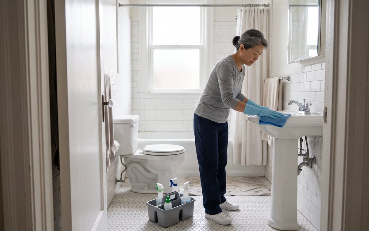 A cleaner wipes the pedestal sink with a blue cloth during a house cleaning in a San Francisco apartment bathroom. Her caddy of spray bottles sits on the white hex tile floor by the tub.